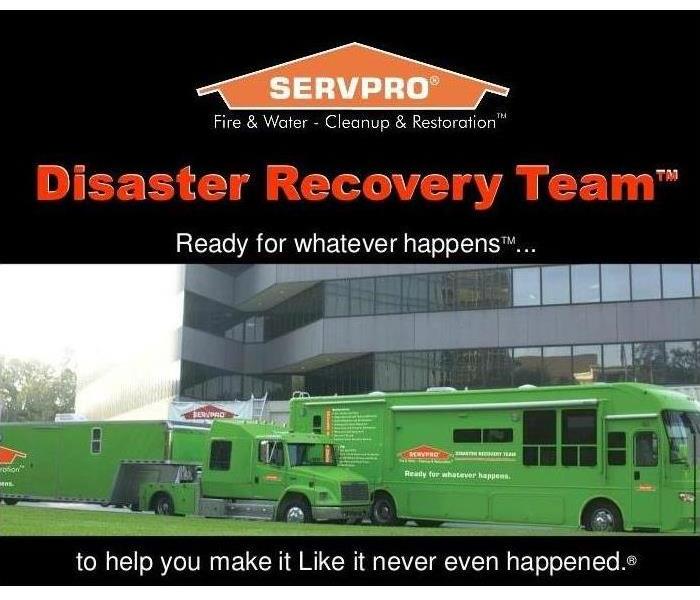 A fleet of SERVPRO trucks that says Disaster Recovery Team.