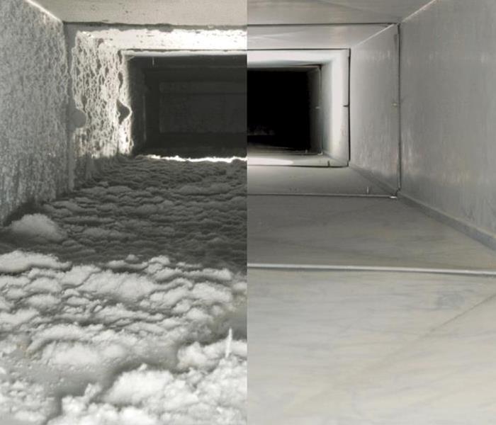 A before and after of a duct full of dust and dirt and then cleaned.